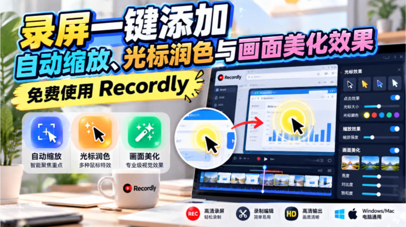 录屏一键添加自动缩放、光标润色与画面美化效果，免费使用Recordly|无忧资源社