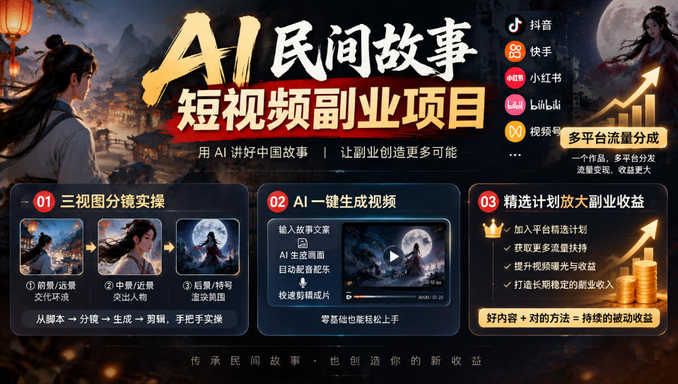 AI民间故事短视频副业项目，多平台流量分成，三视图分镜实操，精选计划放大副业收益|无忧资源社
