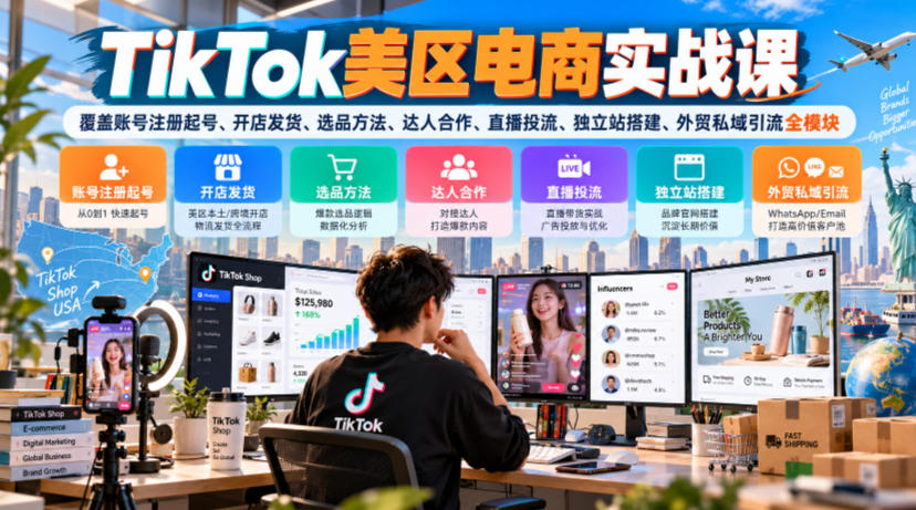 TikTok美区电商实战课，覆盖账号注册起号、开店发货、选品方法、达人合作、直播投流、独立站搭建、外贸私域引流全模块|无忧资源社