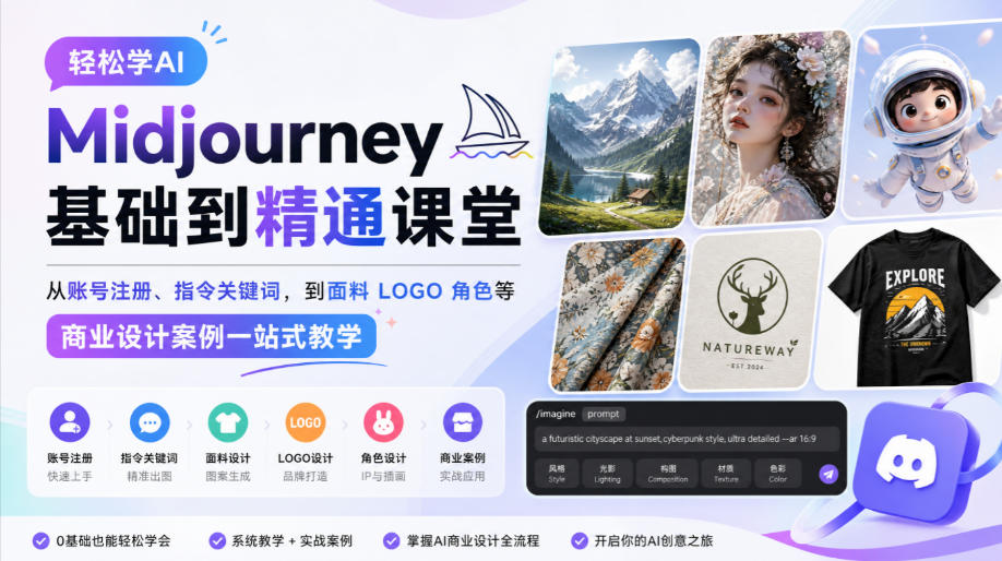 轻松学AI Midjourney基础到精通课堂，从账号注册、指令关键词，到面料LOGO角色等商业设计案例一站式教学|无忧资源社