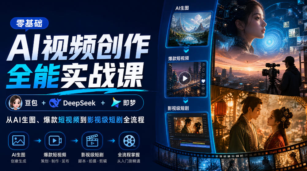 零基础AI视频创作全能实战课｜豆包+DeepSeek+即梦，从AI生图、爆款短视频到影视级短剧全流程|无忧资源社