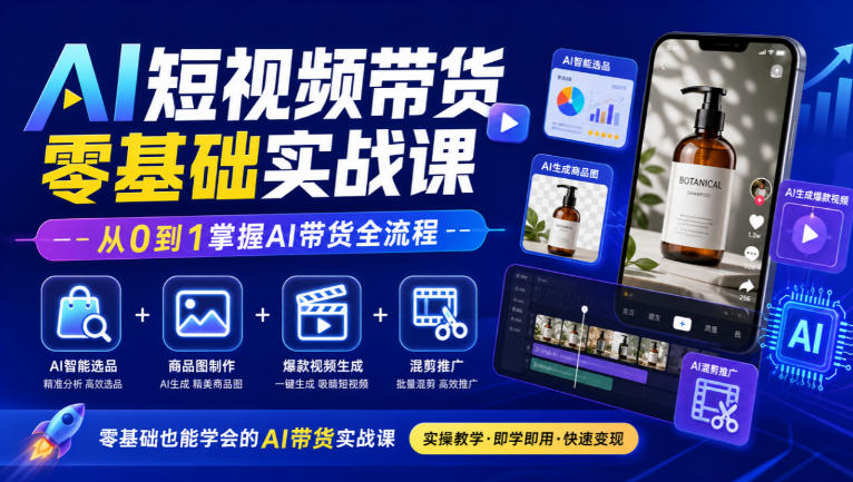 AI短视频带货零基础实战课｜AI智能选品+商品图制作+爆款视频生成+混剪推广，从0到1掌握AI带货全流程|无忧资源社