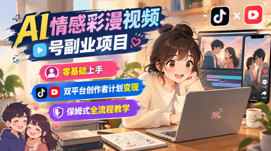 AI情感彩漫视频号副业项目，零基础上手，双平台创作者计划变现，保姆式全流程教学|无忧资源社