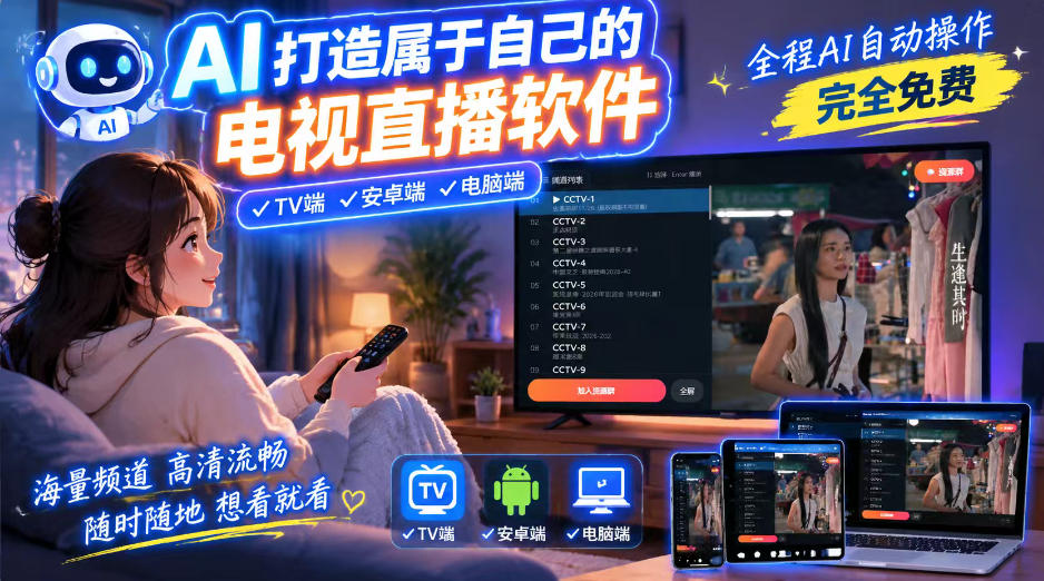 一个提示词,AI全自动做出电视直播软件,电脑、安卓、电视三端通用,完全免费,画质流畅不卡顿|无忧资源社