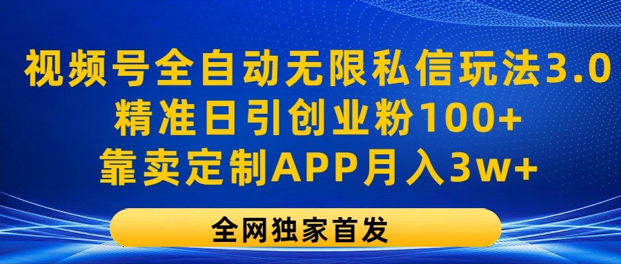 视频号全自动无限私信玩法3.0，精准日引创业粉100+，靠卖定制APP月入3w+|无忧资源社