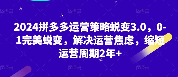 2024拼多多运营策略蜕变3.0，0-1完美蜕变，解决运营焦虑，缩短运营周期2年+|无忧资源社