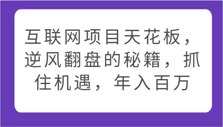 互联网项目天花板，逆风翻盘的秘籍，抓住机遇，年入百万_无忧资源社|无忧资源社