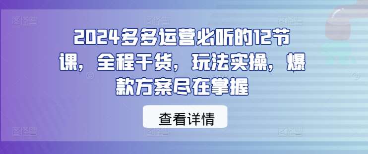 2024多多运营必听的12节课，全程干货，玩法实操，爆款方案尽在掌握|无忧资源社