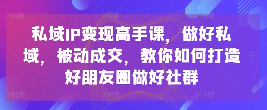私域IP变现高手课，做好私域，被动成交，教你如何打造好朋友圈做好社群|无忧资源社