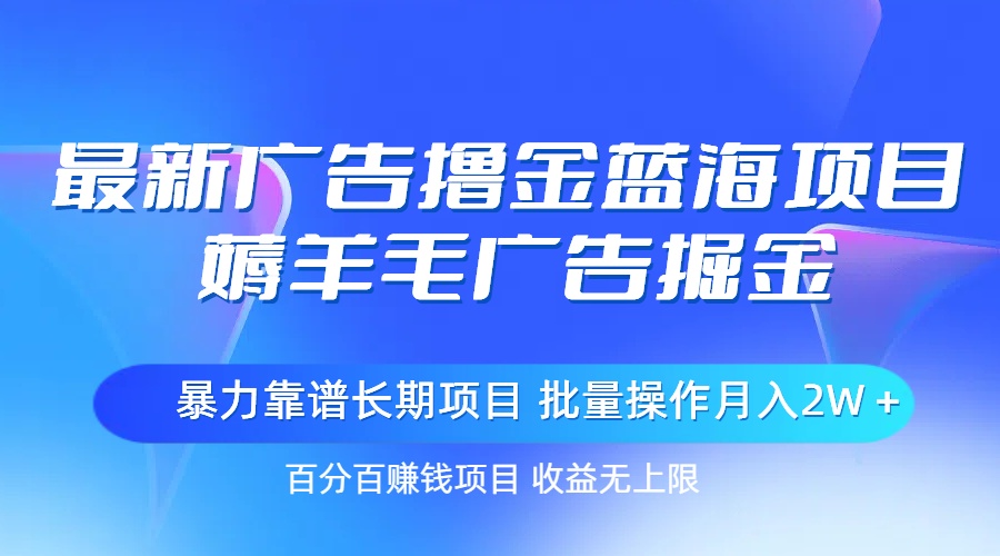 最新广告撸金蓝海项目，薅羊毛广告掘金 长期项目 批量操作月入2W＋|无忧资源社