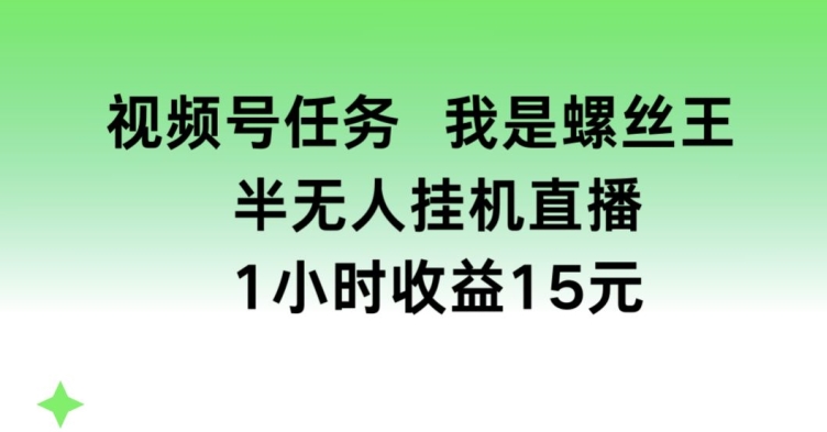 视频号任务，我是螺丝王， 半无人挂机1小时收益15元|无忧资源社