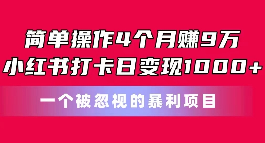 简单操作4个月赚9w，小红书打卡日变现1k，一个被忽视的暴力项目|无忧资源社
