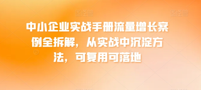 中小企业实战手册流量增长案例全拆解，从实战中沉淀方法，可复用可落地|无忧资源社