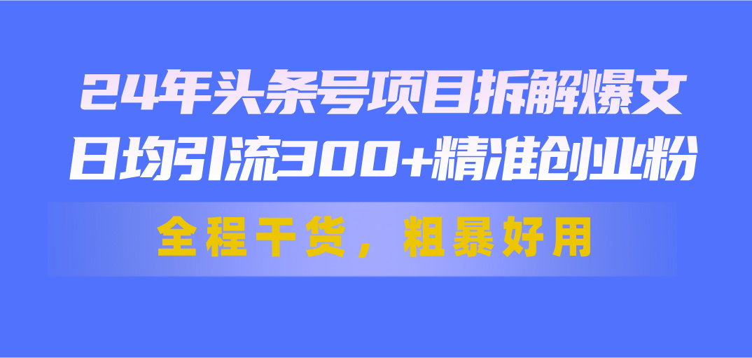 24年头条号项目拆解爆文，日均引流300+精准创业粉，全程干货，粗暴好用|无忧资源社
